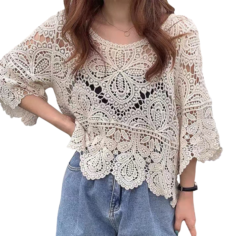 Sommer, uthulet heklet strikkegenser med blomsterprint, gjennomsiktig rund hals, slengt, 3/4- ermet crop top med skuldertrekk for kvinner: Aprikos