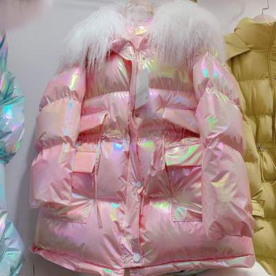 Winterjas dames glanzende katoenen jas imitatiewol kraag kleurrijke brood warme jas vrouwelijke koreaanse losse jassen parka jas: Roze / Ik