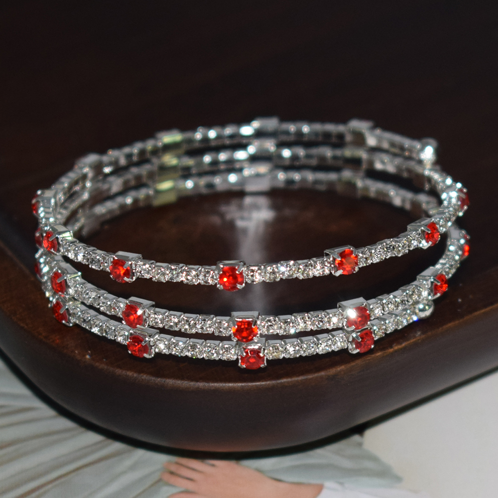 6-color Crystal Bracelet Blue, Red, White Three-row Stretch Bracelet Bride Wedding Rhinestone Bracelet Party Jewelry: red