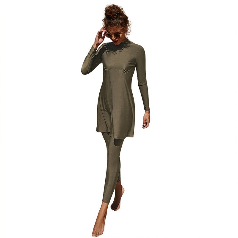 Muslim women's long-sleeved conservative beach surf sunscreen swimsuit swimming trunks tankini swimsuit: Green / M