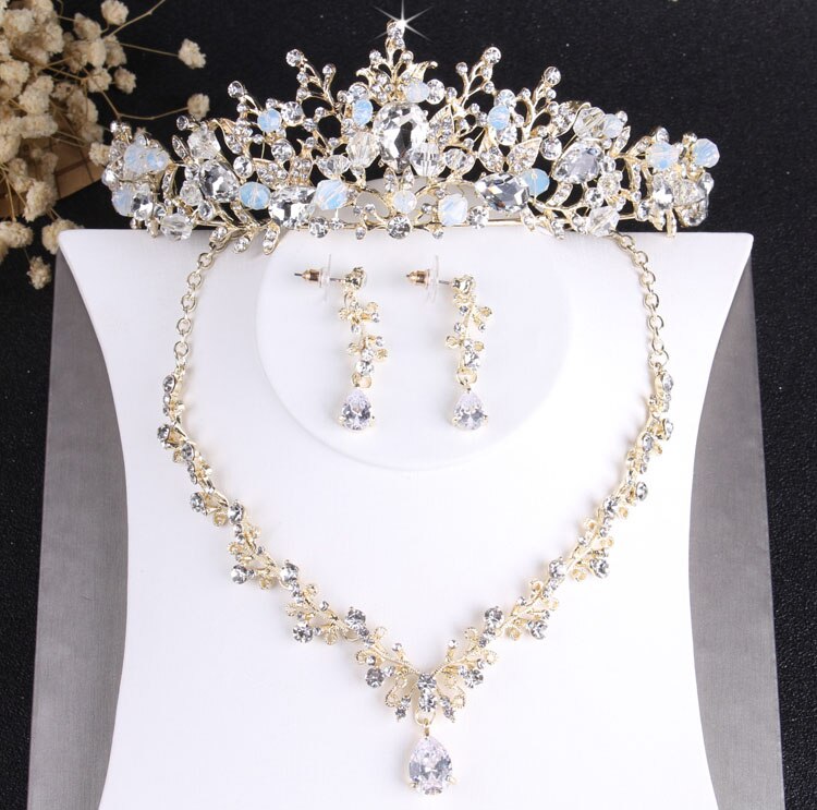 Kristall brudsmycken set vintage guld bröllop smycken tiara barock ädla halsband örhängen för brud hår prydnader