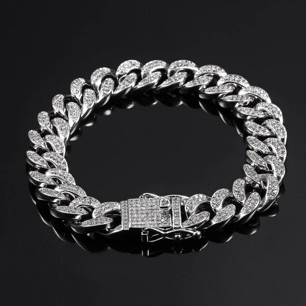 Coola kvinnor herr trottoar cubansk länk armband koppar lab bling iced out hel cz spänne guldkedja silverpläterade armband