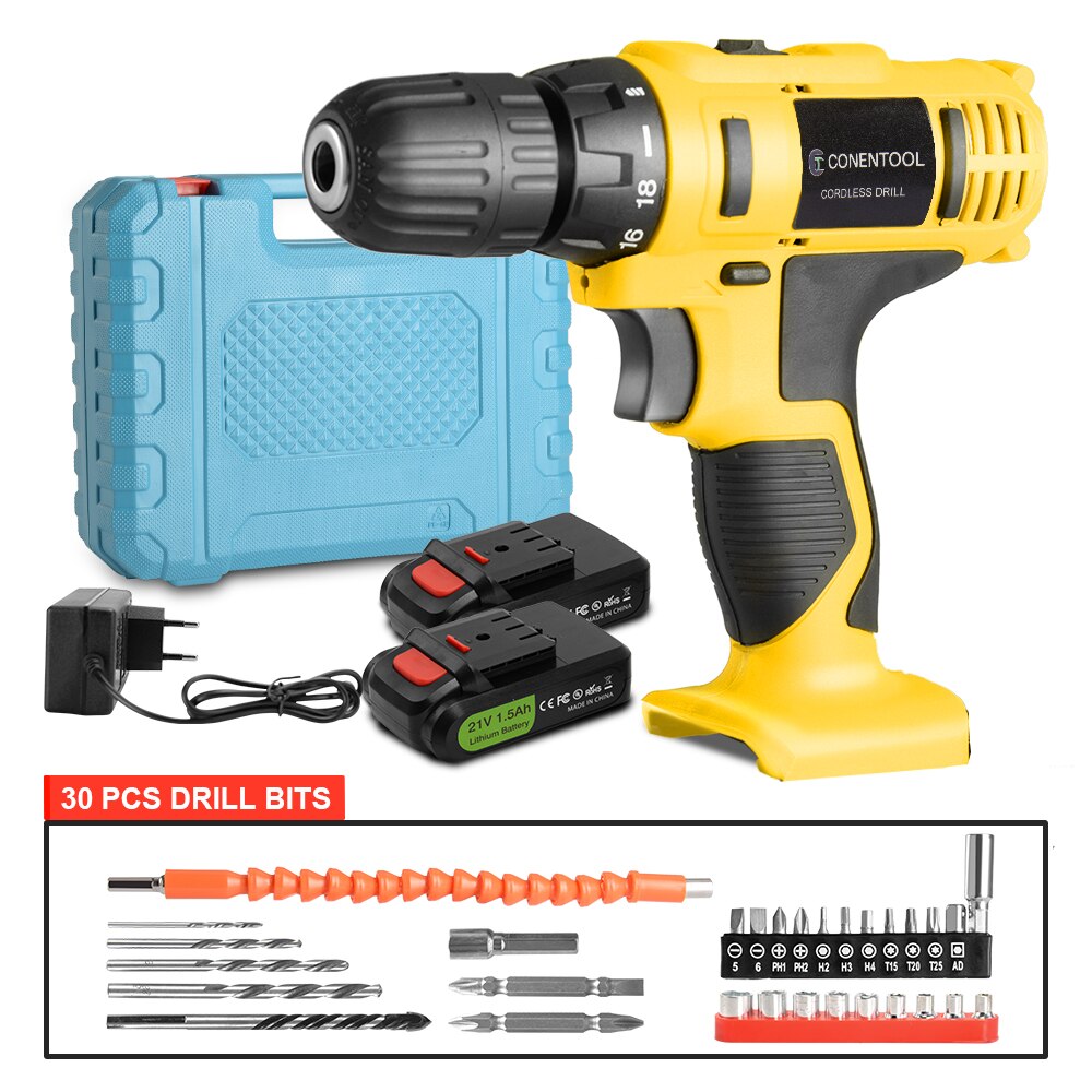 CONENTOOL-destornillador eléctrico inalámbrico de 21V, taladro recargable de impacto LED de 2 velocidades, herramientas eléctricas, paquete de batería de 1.5Ah: yellow