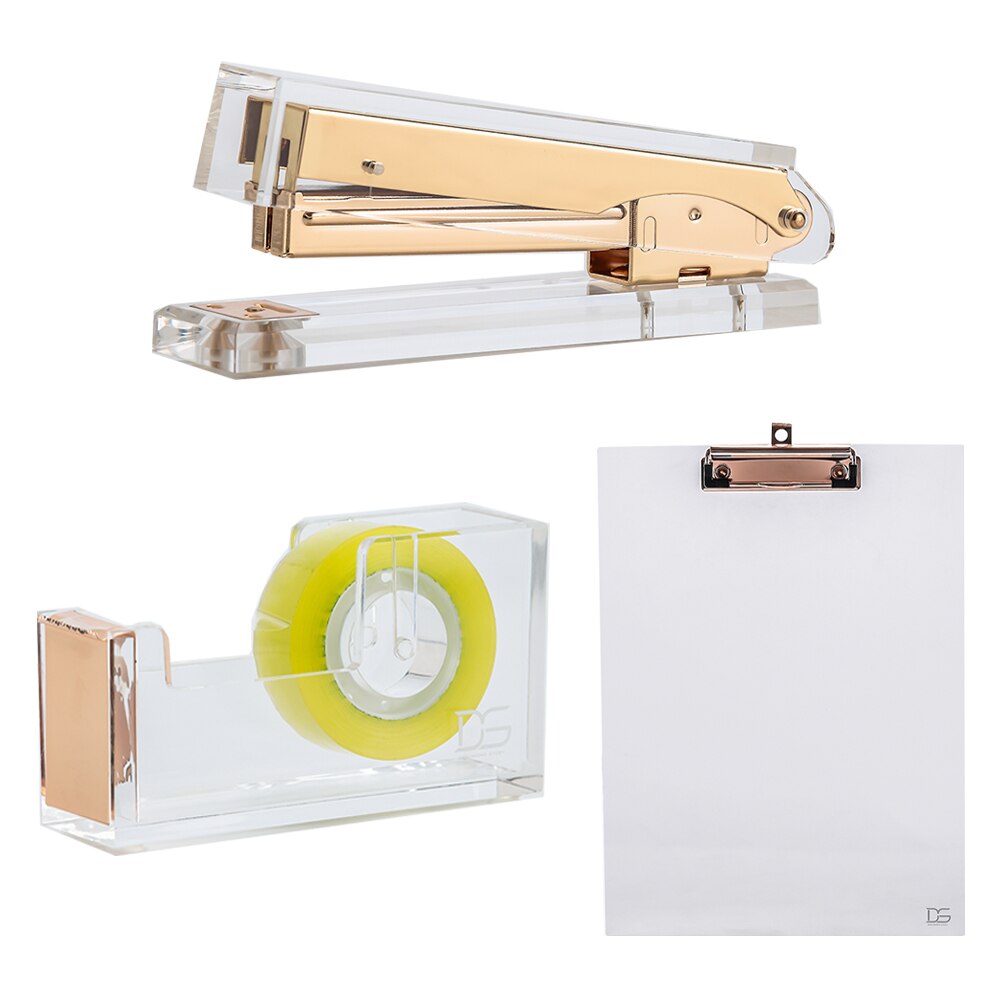3 stks/set Acryl Klembord + Clear Gold Gestemde Acryl Tape Dispenser + Acryl Nietmachine bureau kit