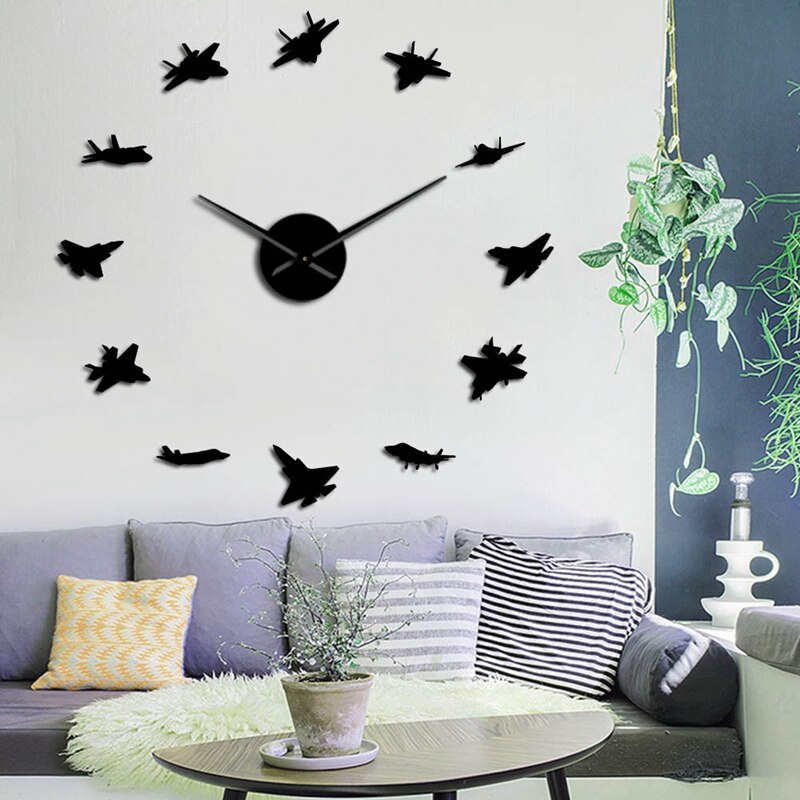 Flying Plane Fighter Jet Modern DIY Giant Wall Clock Acrylic Mirror Surface Sticker Airplane Wall Clock Pilot Home Decor