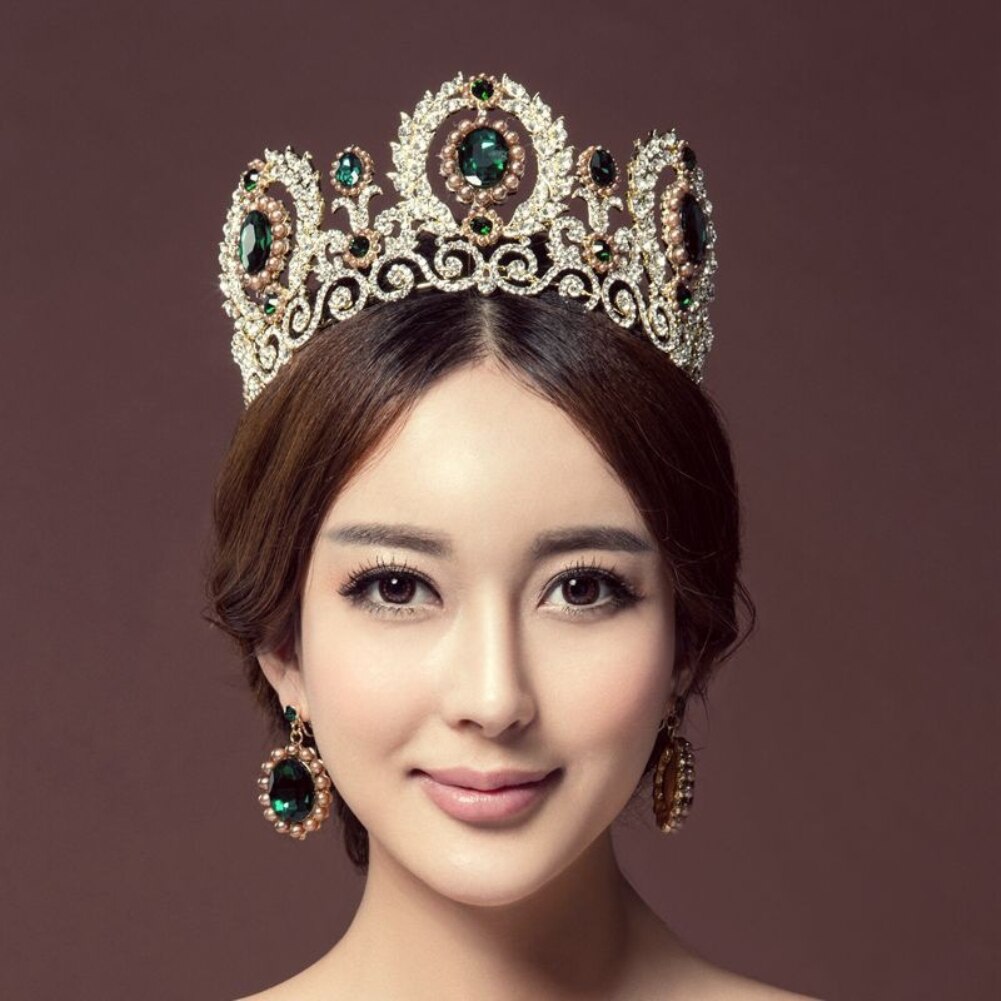 Barroco feminino strass falso pérola coroa tiara brincos conjunto de jóias de casamento