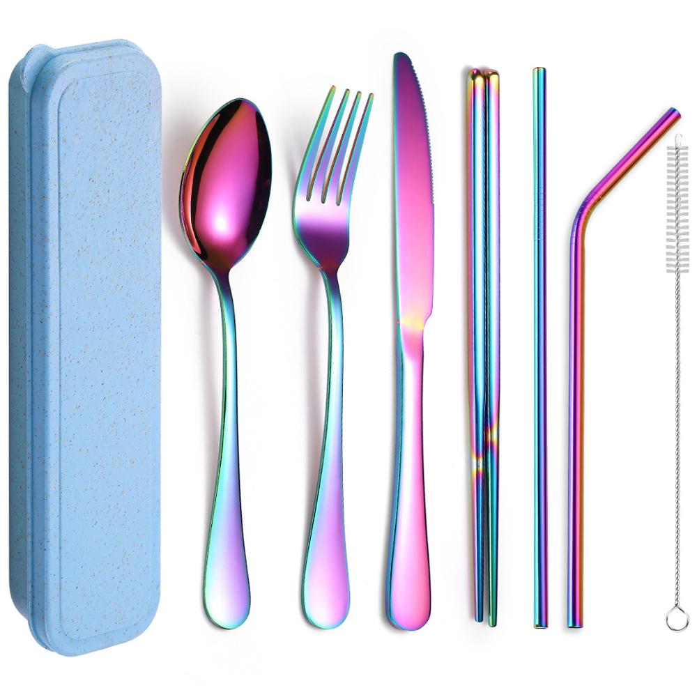 Food Grade 304 Stainless Steel Cutlery Set Silverware with Metal Straw Knife Fork Spoon Chopsticks 8Pcs Portable Travel Flatware