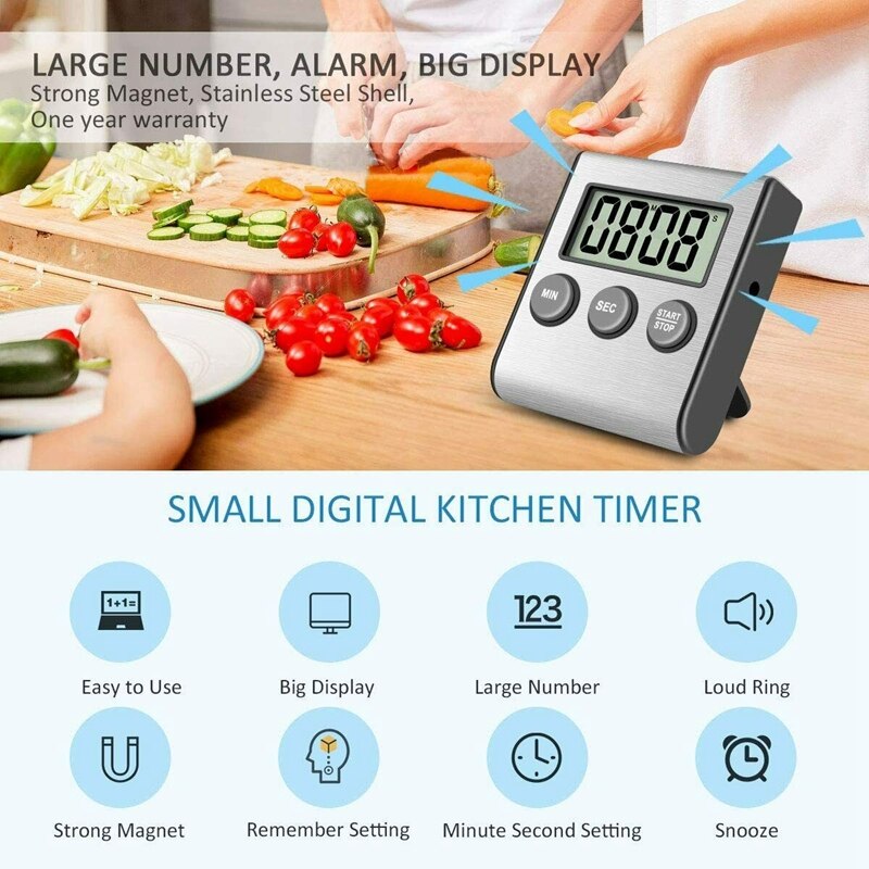2 Pack Stainless Steel Digital Kitchen Baking Timer Countdown Timer & Minute Timer Ultra-Large Alarm Sound