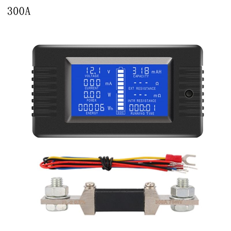 Dc 0-200v 0-300a batteritester voltmeter amperemeter strømspænding strømimpedans kapacitet energitidsmåler monitor: 300a