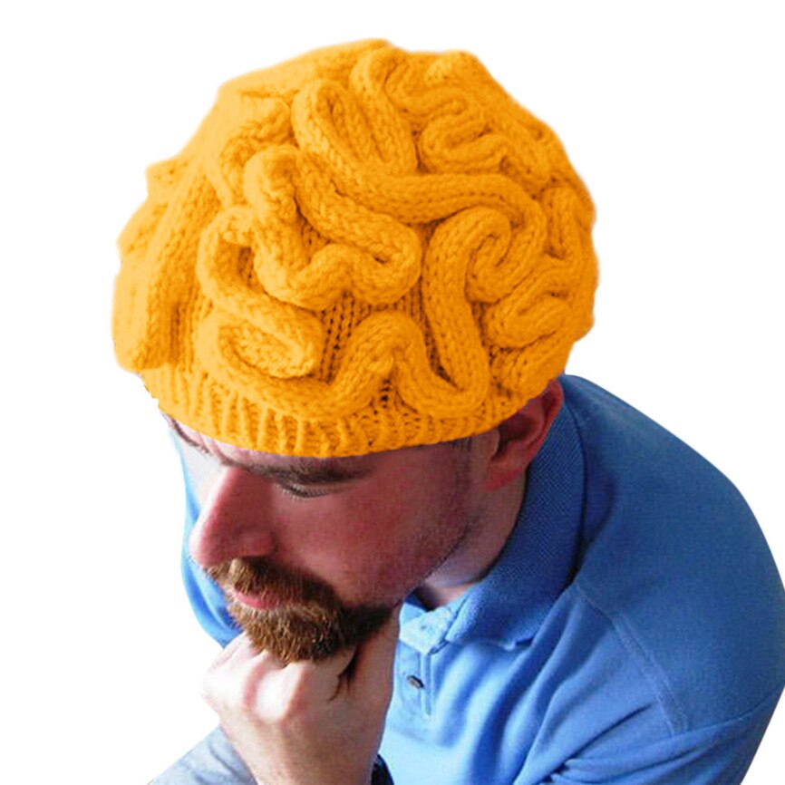 Hand Knitted Personality Brain Hat Halloween Cosplay Hats Kids Adults Crochet Beanie Cool Hats Cerebrum Cap: Yellow