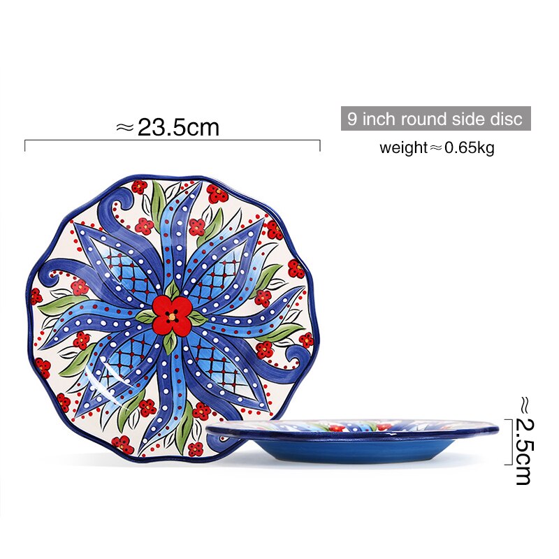 Ceramic Dinnerware Set with Flower Print Plate Bowl Mug Big Size Tableware Dish Steak Plates Retro Set: 9 inch round plate