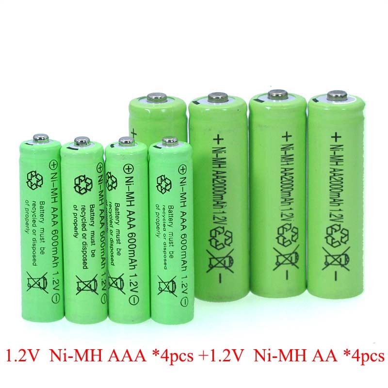 4 stuks 1.2v NI-MH AAA Batterijen 600mAh Oplaadbare nimh Batterij + 4 stuks 1.2V Ni-Mh AA 2000mAh NI-MH batterij voor afstandsbediening