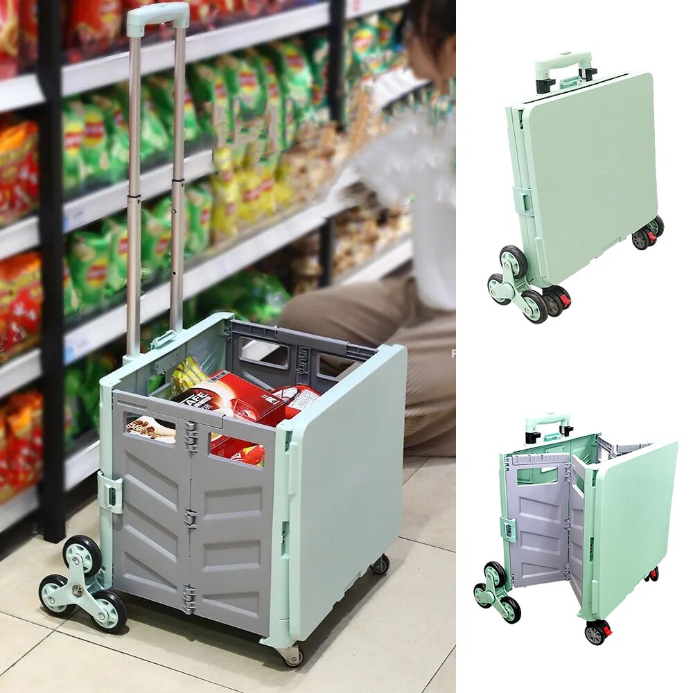 4-Wheel Folding Shopping Cart Wheeled Rolling Crate Multifunctional Handcart Folding Trolley With Telescopic Handle And Lid