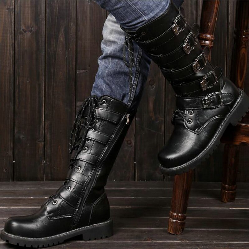 Män motocross stövlar motorcykel skor pu läder rock mid-calf spänne motorcykel stövlar punk skor motorcykel stövlar oo -79