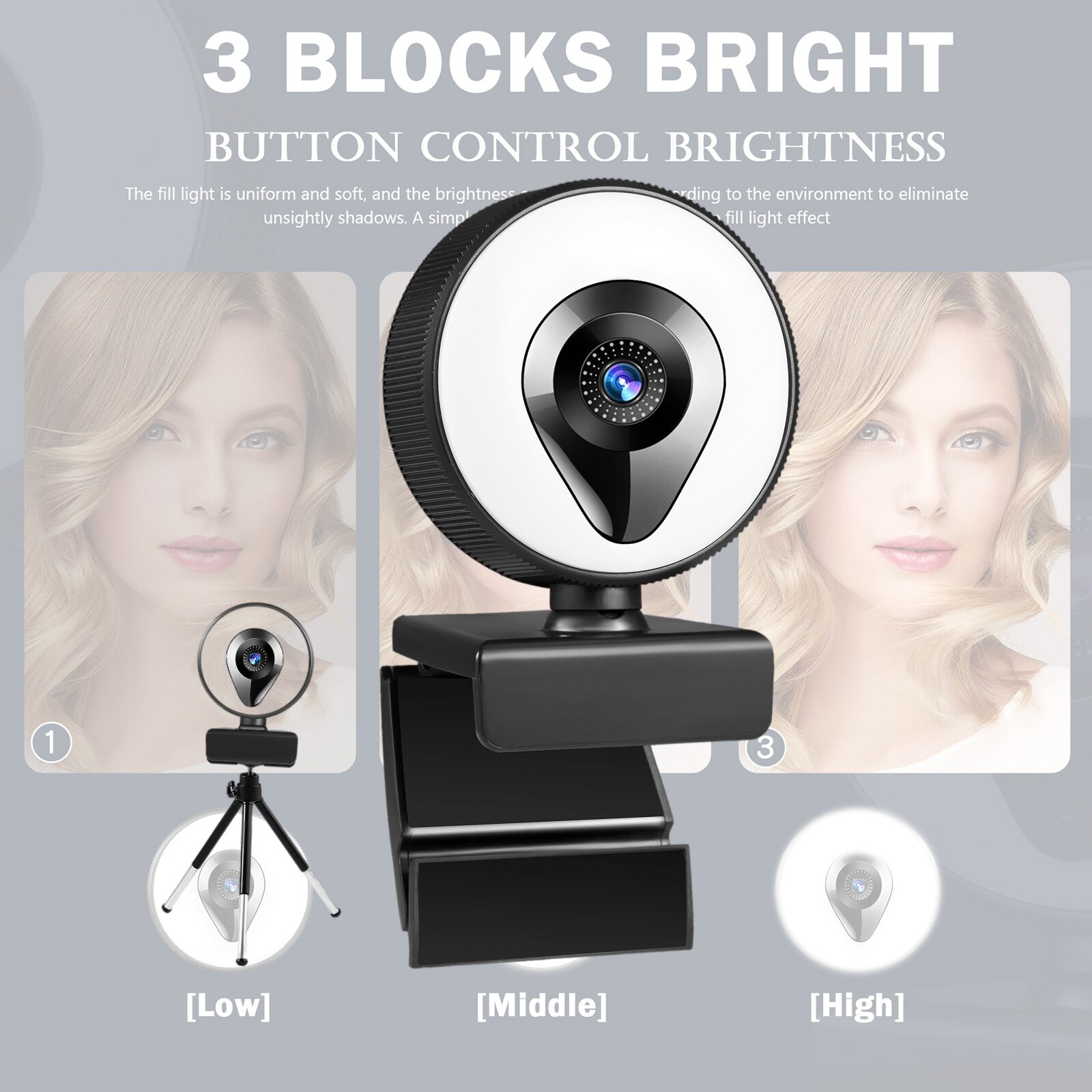 Webcam with Ring Light Microphone and Tripod Plug and Play Adjustable Brightness for Gaming Online Learning PC Laptop Desktop