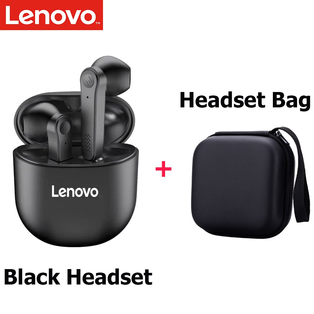 Lenovo PD1 Bluetooth 5.0 Earphones TWS Wireless Headphone Touch Control Semi-in-Ear Earbuds Stereo Bass Music Headset with Mic: Black with Bag