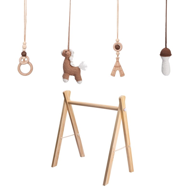 Baby Gym Hout Haak Cartoon Dier Alpaca Beukenhout Kinderziektes Speelgoed Play Gym Set Kraamcadeau Speelgoed Voor Pasgeboren: brown