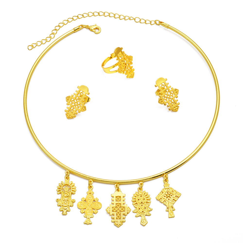 Ethiopian Eritrea Etnische Sieraden Sets Met Cross Chokers Oorbellen Ringen Voor Vrouwen Meisjes Afrika Huwelijksfeest #340006: Goud-kleur