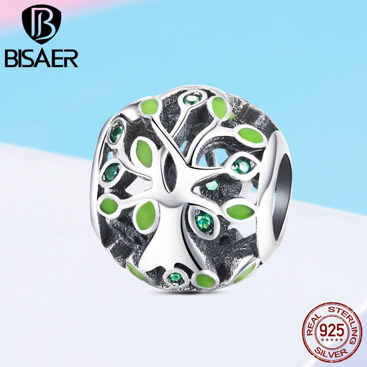 BISAER 925 Sterling Silver Tree Of Life di Fascino Verde Chiaro CZ Branelli Misura I Braccialetti Gioielli FAI DA TE Fare Gioielli In Argento 925 ECC919