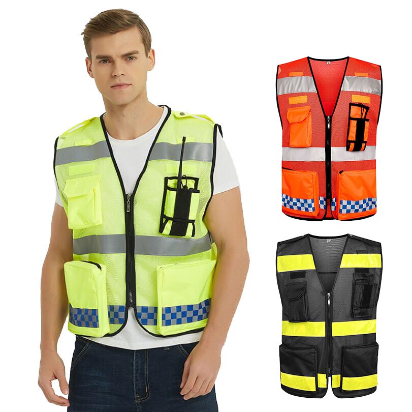 Multi-Pockets Reflective Safety Zipper Front Vest High Visibility ANSI Class Plus Size S-4XL