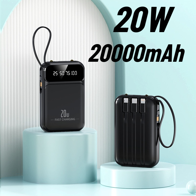 4-In-1 Power Bank 20000mah Built-In Cable 20W Fast Charging Powerbank Waterproof Portable Mobile Phone External Battery Charger