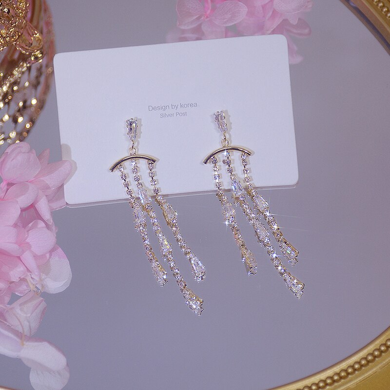 Trendy Korean Long Tassel Bohemia Earring Exquisite AAA Zircon 14K Real Gold Earring Wedding Bridal Jewelry Brincos