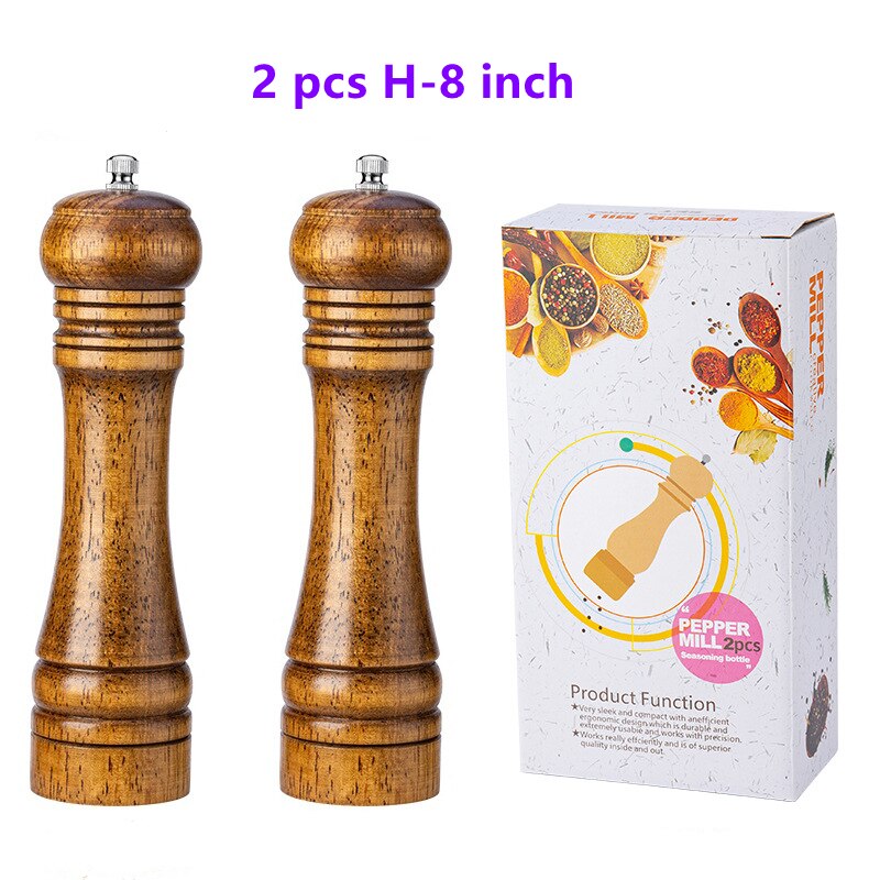 5" 6" 8" 10" Salt and Pepper Grinder, Solid Wood Spice Pepper Mill with Strong Adjustable Ceramic Grinder Kitchen Cooking Tools: H-8 inch 2pcs