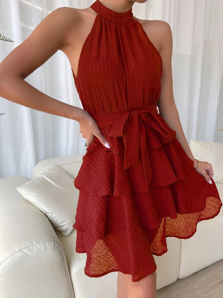 Vestido corto femenino de verano sin mangas con cuello cuadrado y cremallera, traje suave con volantes y hombros descubiertos para mujer, a la , novedad: Rojo / S