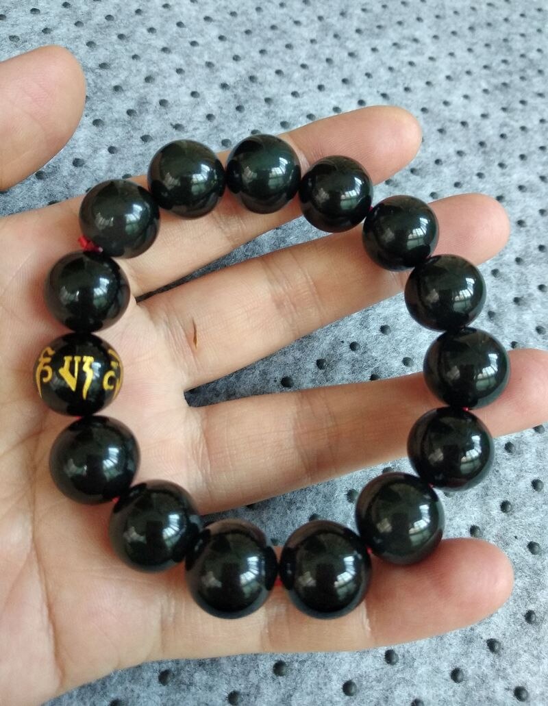 16Mm Natuur Glans Obsidian Mala Bead Bangle Armband De Zes Lettergreep Mantra Amulet Geluk Zegenen