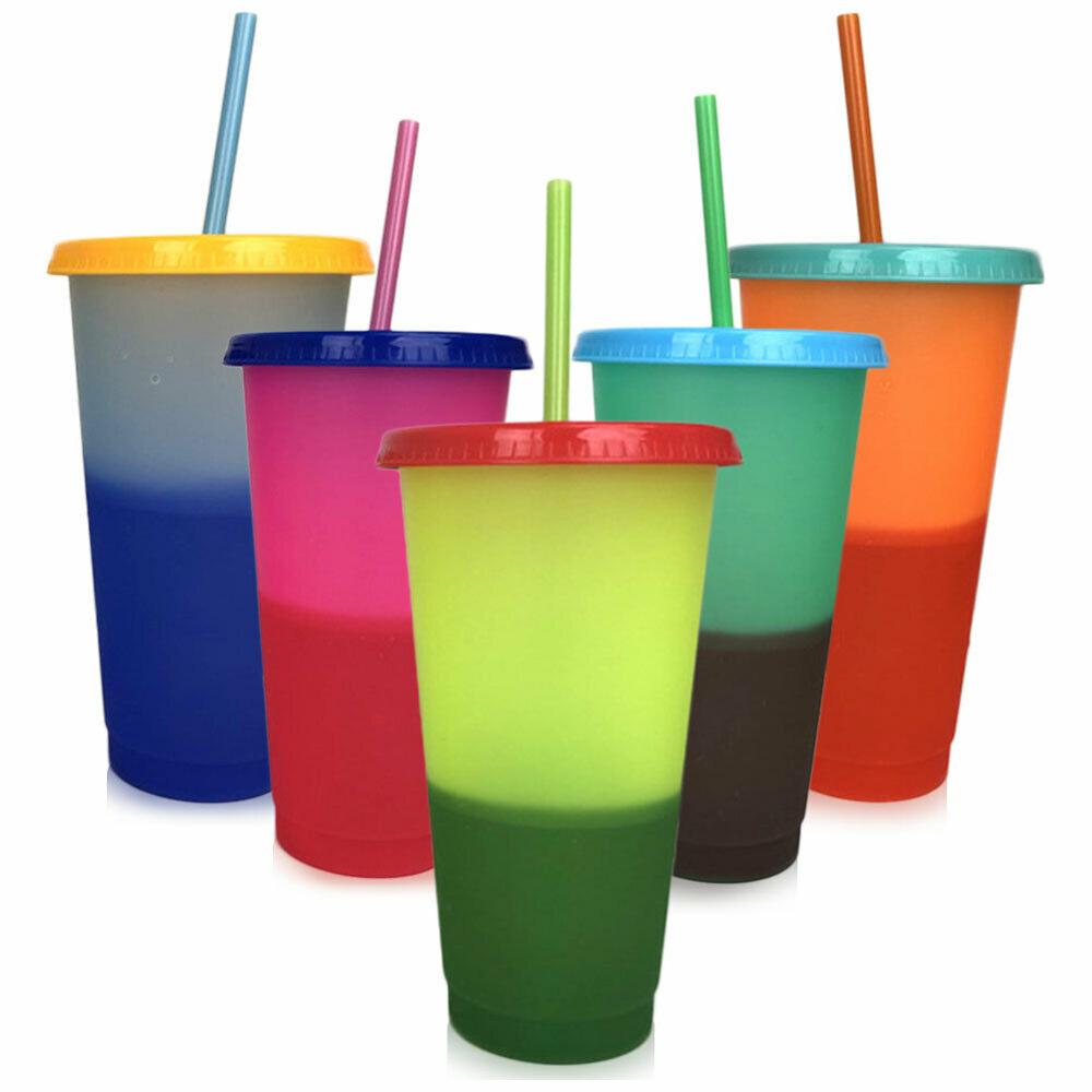 700ML Plastic Temperatuurverandering Kleur Cups Kleurrijke Koud Water Kleur Veranderende Mok Water Flessen Met Rietjes Set
