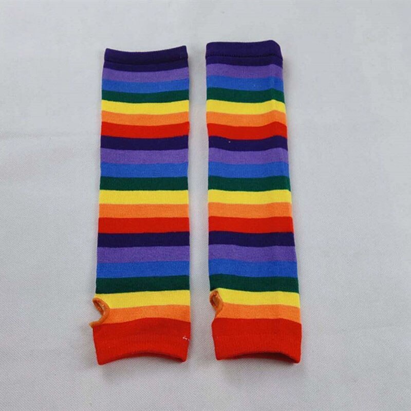 Cotton Fingerless Gloves Striped Pattern Arm Sleeves Anti-sunburn Elbow Length Cute Halloween Costume Rainbow Color