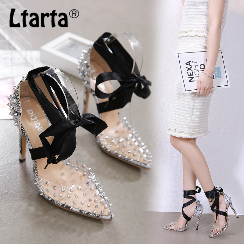 LEOPARD LAND 12cm High Heels Sexy Women Rivet Pumps heels shoes Popular Roman Tie Matching High-heeled Sandals JXQ