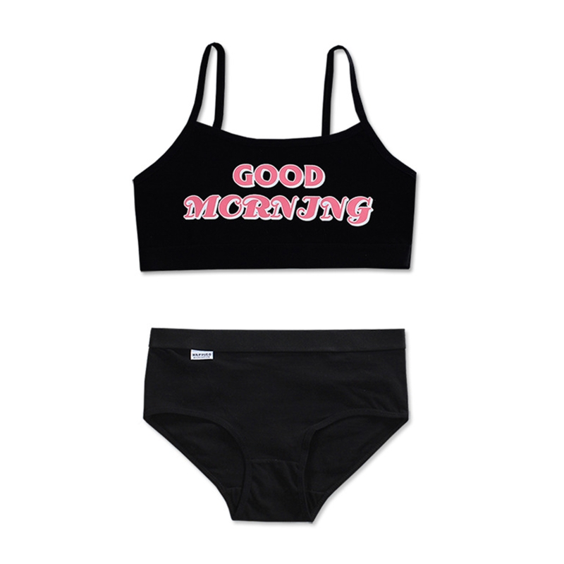 Conjunto de ropa interior a juego para chicas jóvenes, ropa interior con estampado de letras de buenos días, sin relleno, sujetador de entrenamiento y bragas Hipster, 094F