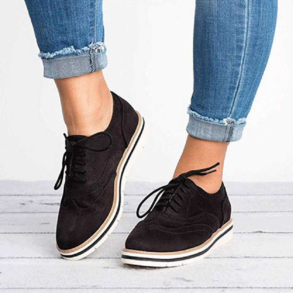 Litthing kvinnor lägenheter skor oxfords cut-outs snörning platå skor pu läder dam halkfria skor andas damskor: Svart / 38