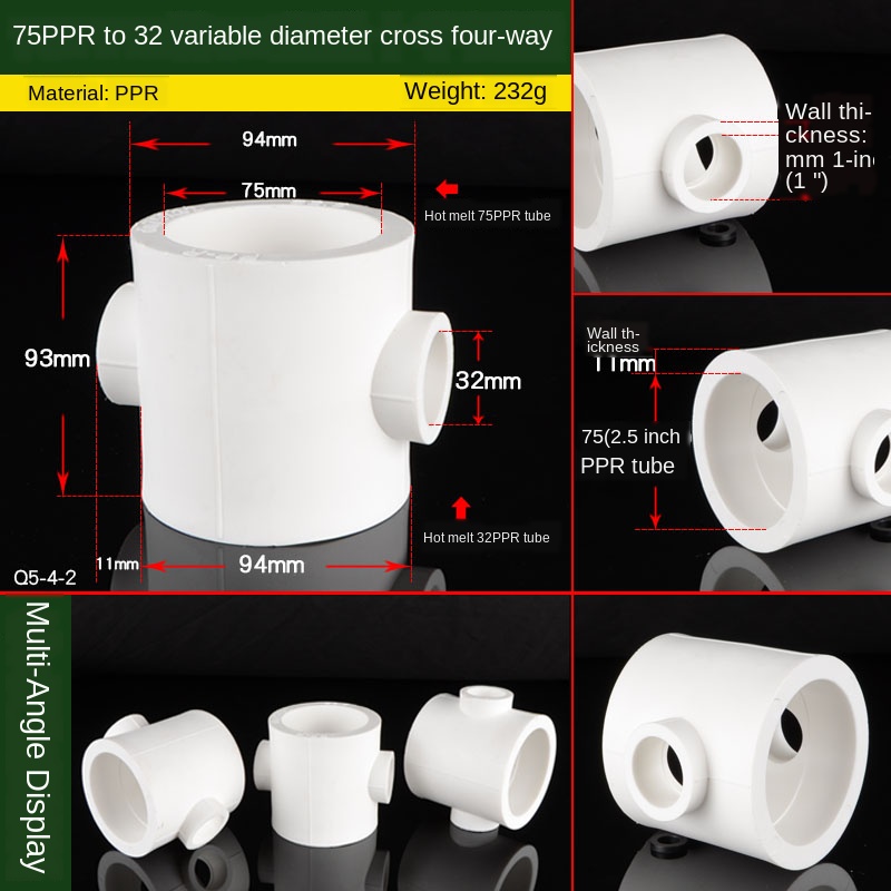 PPR Pipe Variable Diameter Four-way Joint 20/25/32/40/50/63/75 Turn 1/2 Inch 3/4 Inch 1 Inch PPR Water Pipe Fittings: 75-32 Reducer