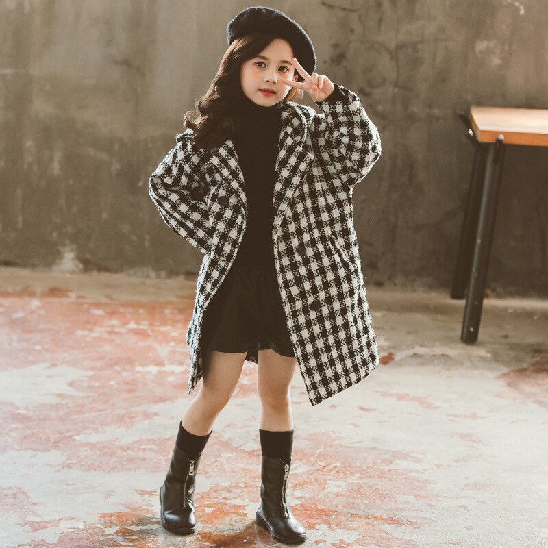 Meisjes dikke geruite jas koreaanse capuchon warme wollen windjack bovenkleding herfst winter 4-11 jaar: Wit / 5t