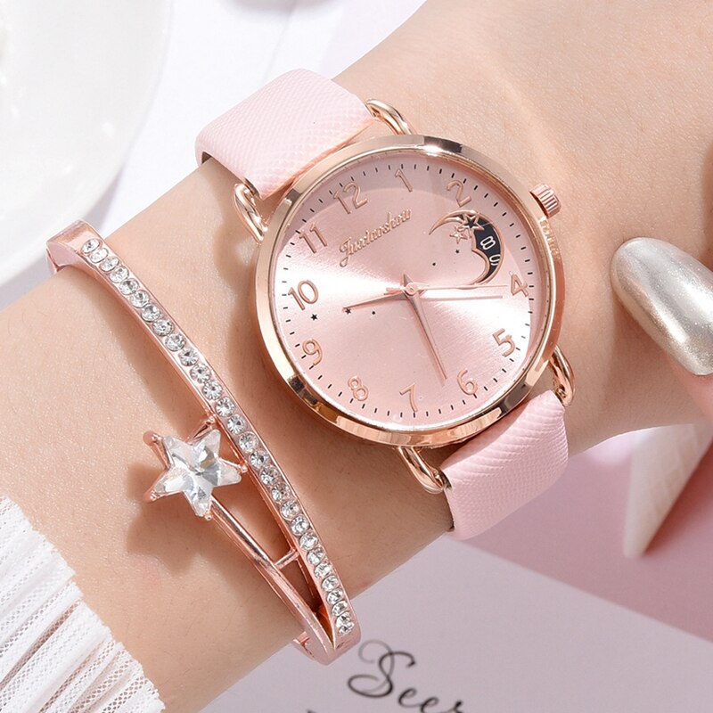 Dameshorloge met leren band, luxe lichtgevende wijzerplaat, sterrenwijzerplaat, dresswatches, zegarek damski reloj mujer