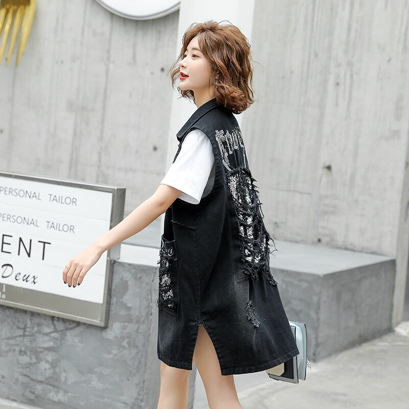 #3119 Black Long Denim Vest Women With Sequins Harajuku Streetwaer Woman Vest Waistcoat Vintage Sleeveless Jacket Big Pockets