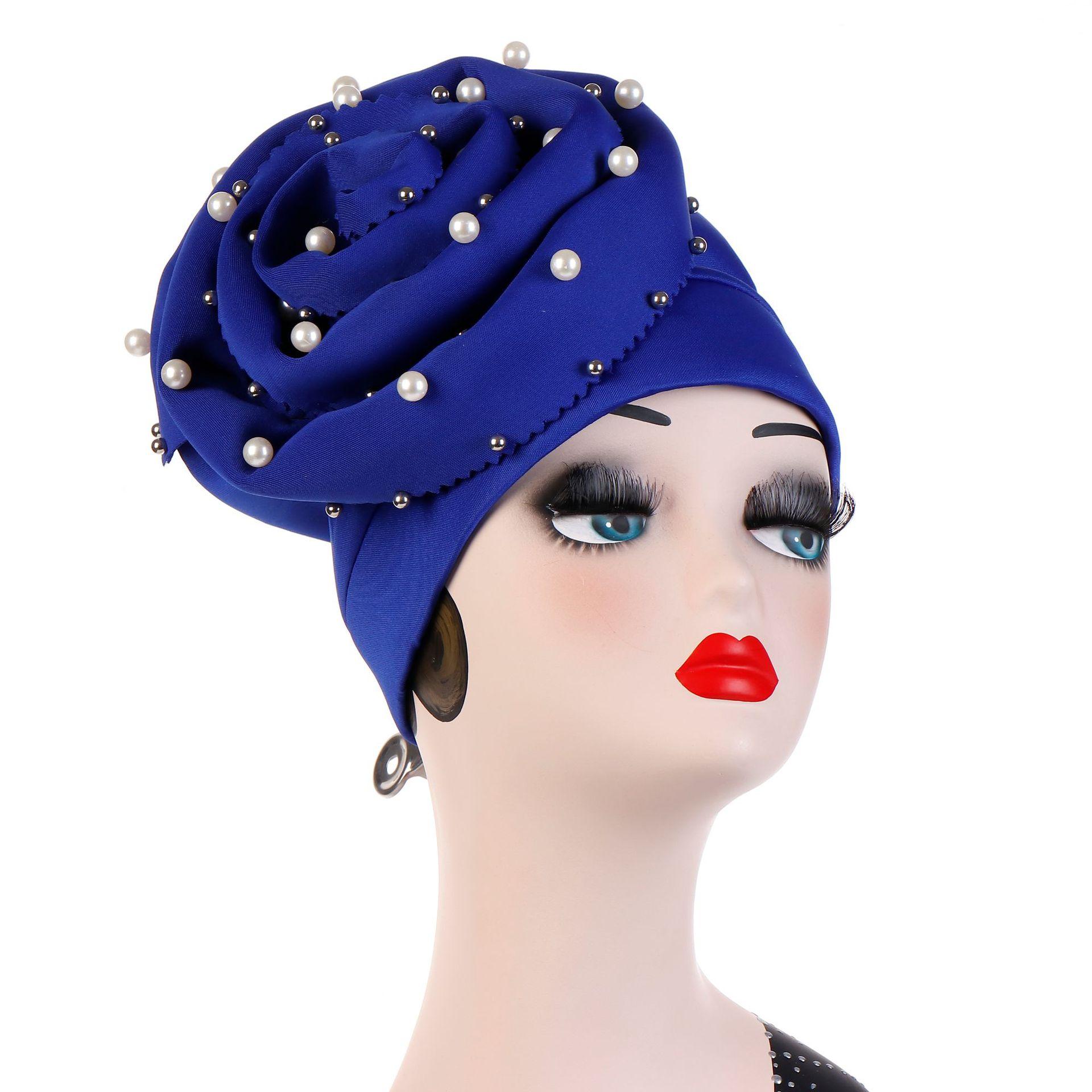 Bonnet indien fleur pour femmes musulmanes | Bonnet perte de cheveux, couvre-tête perlé Turban Cancer, mancherons, chapeaux islamiques pour femmes,: 07 Royalblue