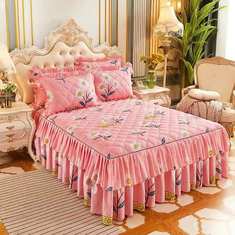 150*200Cm Pastorale Bed Cover Effen Bed Cover Lakens Katoen Gewatteerde Kant Sprei Kant Laken Ondersteuning: 2pcs Pillowcases A