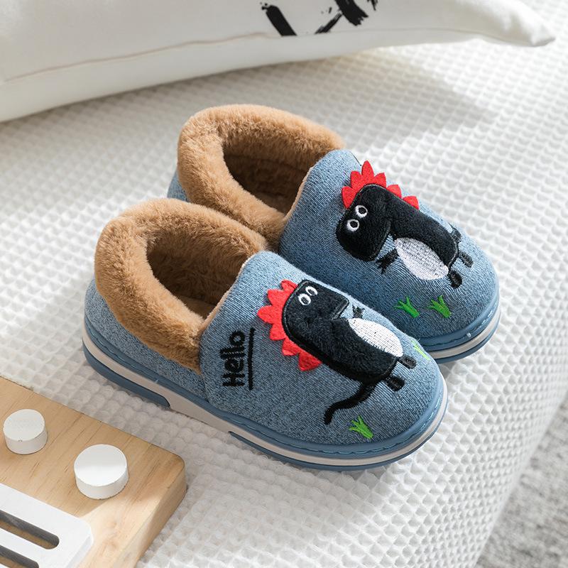 Pantoufles d'hiver pour enfants, en coton dinosaure, chaussures d'intérieur pour bébés, douces, antidérapantes, chaudes: Blue / 3.5