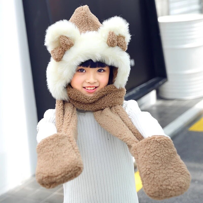 Baby Girls Mom Ears Hats Children Women Winter Warm Plush Winter Scarf Caps Gloves Cute Kids Cute Bunny Funny Hats Cap: Kids-Khaki