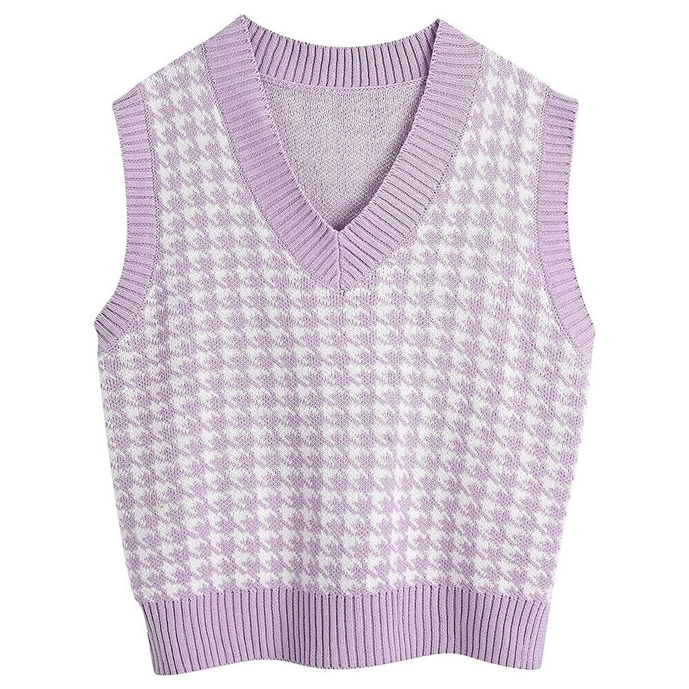 Femmes pull gilet automne tricoté pied de poule col en v pull surdimensionné sans manches femme gilet pull hauts: Purple1 / L