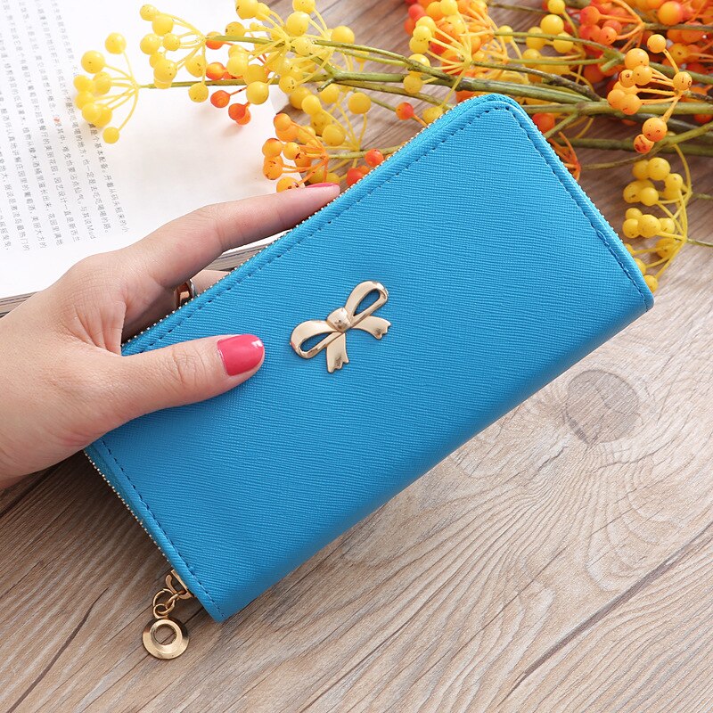 Kaarten Wallet Dames Leuke Strik Vrouwen Lange Portemonnee Effen Kleur Clutch Bag Pu Lederen Portemonnee Telefoon Kaart houder Tas: Light Blue