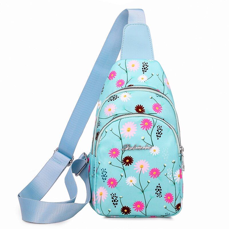 Floral Pattern Women Chest Bag Waterproof Nylon Shoulder Bag Girls Lovely Casual Sling Messenger Bag sac: Sky Blue