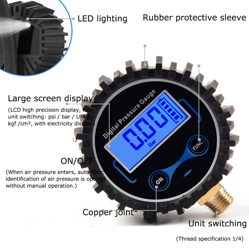 Tire Pressure Monitoring System Digital Tire Pressure Gauge Car Bike Motorcycle Tyre Tester Air PSI Meter 1/8NPT Car Accessories: 1 4 With Light