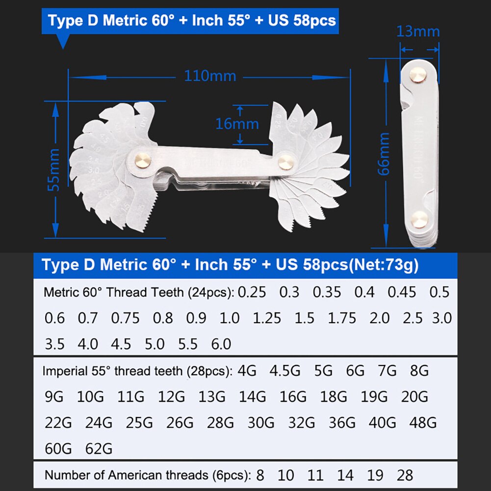 55/60 Degree Metric Inch Thread Gauge Gear Tooth Screw Pitch Gauges Measuring Carbon Steel Center Measurement Lathe tool