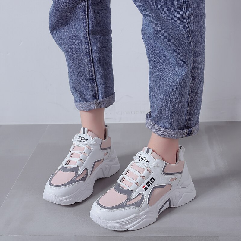 nouvelle chaussures compensées créateurs de blanc baskets femmes en cuir à semelles épaisses tennis chaussures de sport femme Zapatillas Mujer: Rose / 6.5