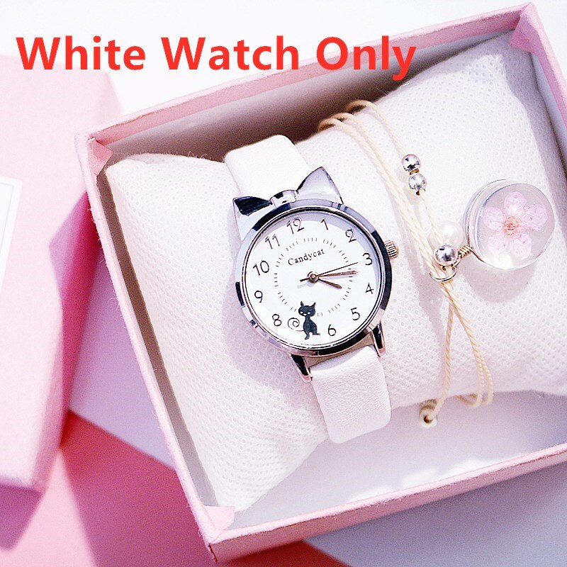 Studenten Kinderen Roze Horloge Meisjes Lederen Kind Kids Zwarte Kat Quartz Horloge Ronde Analoge Klok Horloges: White Watch Only