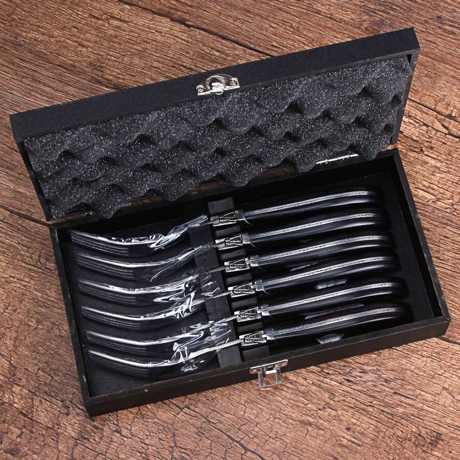6 Stuks 8.7 &quot;Laguiole Stijl Steak Mes Roestvrij Staal Zwarte Houten Handgrepen Diner Messen Bestek Bestek Set Westerse Bruiloft: 6-piece fork box